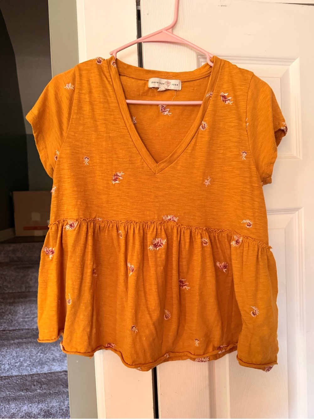 Penelope Rose Mustard Floral V‑Neck Peplum Tunic